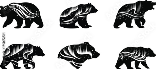 Artistic bear silhouettes with flowing lines and starry pattern wildlife vector set