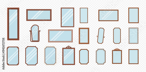 Collection of various mirrors with wooden frames, different shapes and sizes, reflecting light on a transparent background.