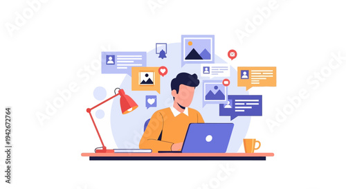 Young adult professional managing social media notifications and online communication from a desk, showcasing digital engagement.