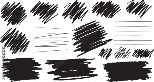 A collection of various hand-drawn black vector elements featuring messy scribbles, textured hatching, and thick marker-style strokes.