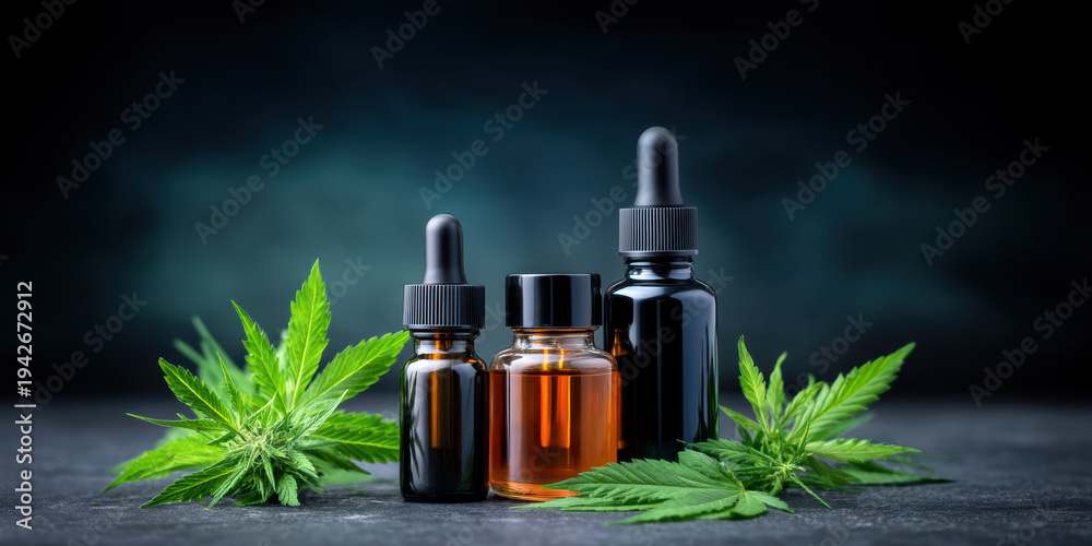 Fototapeta premium Pharmaceutical medical oil tincture bottles with cannabis leaves evoking natural wellness