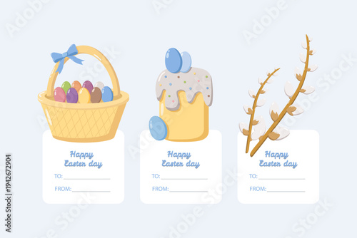 Set of three Easter cards with Happy Easter day text, TO and FROM lines, featuring basket of eggs, decorated cake, and pussy willow branch, cheerful festive illustration
