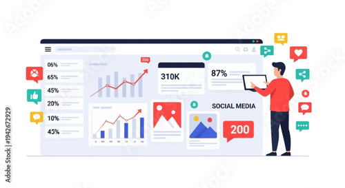 Digital marketing professional analyzing social media performance, engagement metrics, and growth trends on an intuitive analytics dashboard.