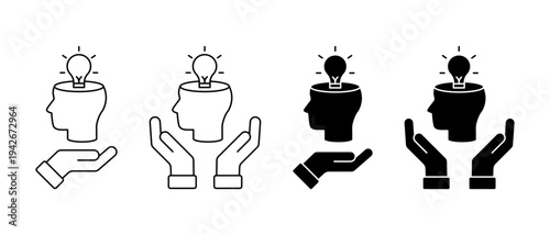 Hand hold head with bulb vector icon. Creative Brain Symbol