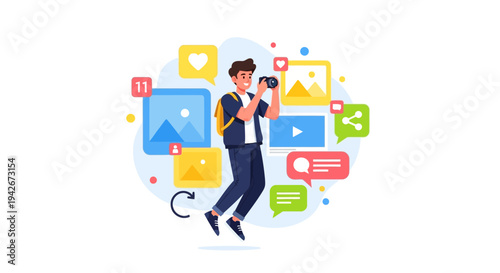 Dynamic content creator capturing and sharing digital media, engaging with social networks, surrounded by online interaction.