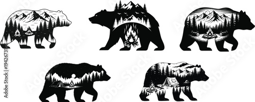 Bear camping and wilderness double exposure silhouettes, outdoor adventure vector setBear camping and wilderness double exposure silhouettes, outdoor adventure vector set