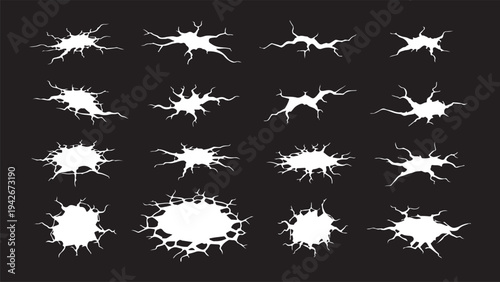A collection of 16 white hand-drawn vector elements depicting ground cracks, earthquake fissures, and wall damage on a dark background.