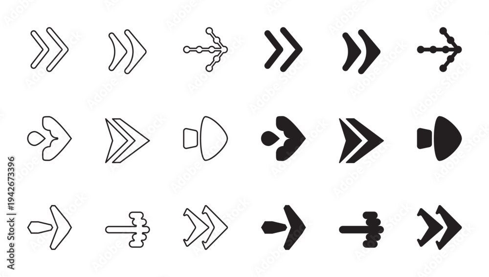 Fototapeta premium Comprehensive Set of Minimalist Arrow Icons - Outline and Solid Vector