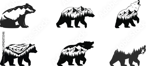 Bear double exposure silhouettes set, mountain forest wildlife vector illustration