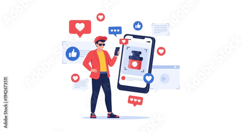 Man creating content and engaging on social media via smartphone, surrounded by likes and comments. Digital marketing concept.