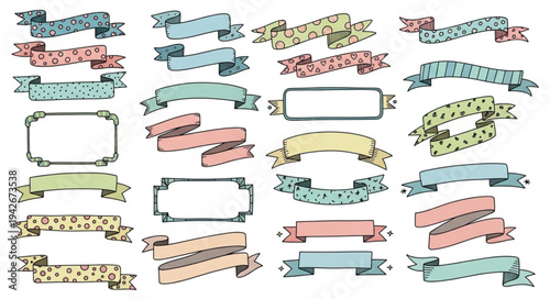 Collection of Vintage Ribbon Banners and Frames in Pastel Colors.