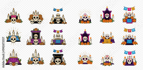 Day of the Dead altars with skulls, candles, and marigolds, celebrating Dia de los Muertos traditions.