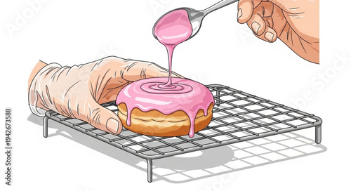Donut Being Glazed with Pink Icing.