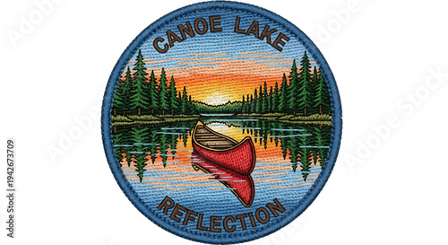 Vintage Embroidered Patch Design: Red Canoe on Serene Lake with Forest Reflection and Sunset Sky, Outdoor Nature Illustration