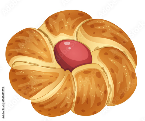 Greek Easter Bread Tsoureki Style Mini Bun with Red Dyed Egg Vector Illustration Braided Brioche Roll Traditional Orthodox Holiday Dessert