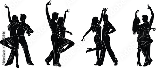 Elegant Black Silhouette Set of Couples Dancing Ballroom Latin Dance, Graceful Partner Performance Art Poses Isolated on White Background, Vector