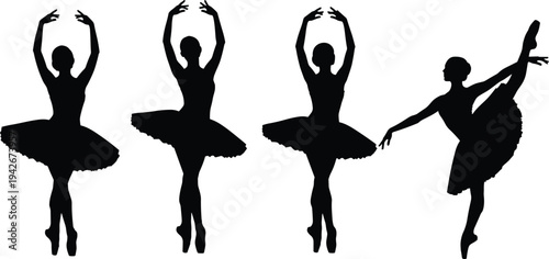Elegant Black Ballerina Silhouette Set, Graceful Ballet Dancer Poses in Classic Tutu, Performance Arts Vector Illustration Isolated on White Background, Dance