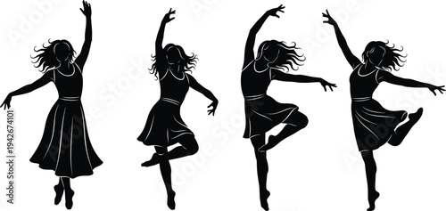 Elegant Black Silhouette Set of Women Dancing in Flowing Dresses, Graceful Performance Art Poses, Modern Dance Graphic Isolated on White