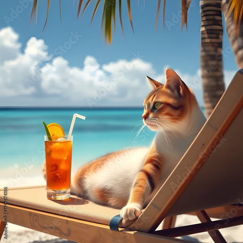 Cat on a beach lounger on a paradisiacal beach sipping a refreshing drink