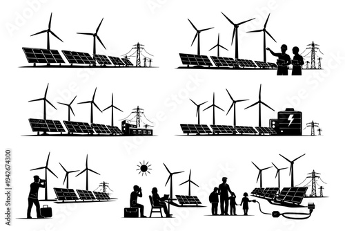 Renewable energy generation with solar panels and wind turbines.