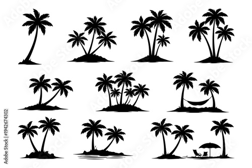 Silhouetted tropical palm trees and hammock scenes on paradise islands.