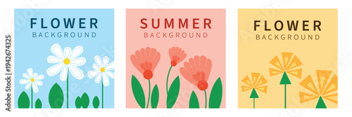 Minimal Daisy, Dandelion and Abstract Flower Illustrations on Pastel Backgrounds. Trendy Summer backgrounds 