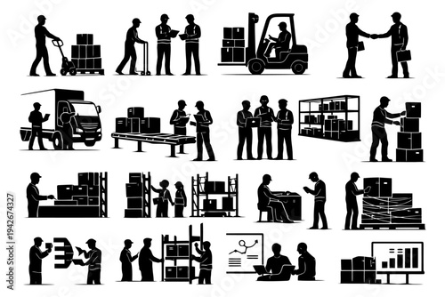 Warehouse operations silhouettes with diverse workforce.