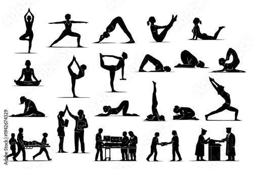 Silhouette yoga poses and everyday professional interactions.