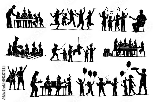 Silhouetted children's birthday party with music, games, and cake.