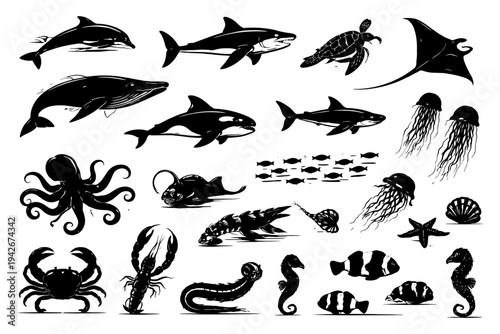 Marine life silhouettes: sharks, turtles, and ocean creatures.