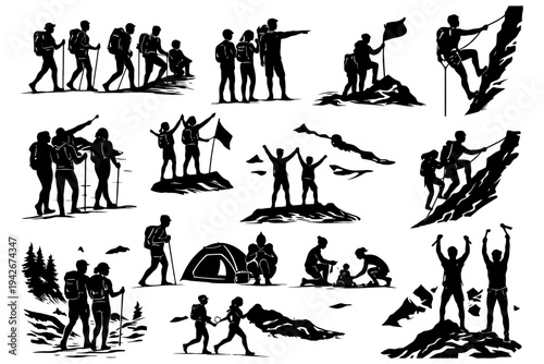 Silhouette outdoor adventures: diverse groups hiking, climbing, and camping in nature.