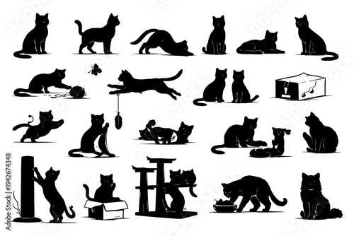Silhouette collection of playful cats in various poses and activities.