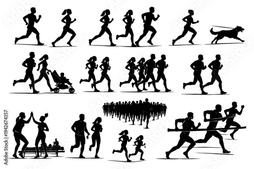 Silhouettes of diverse runners and joggers in motion.