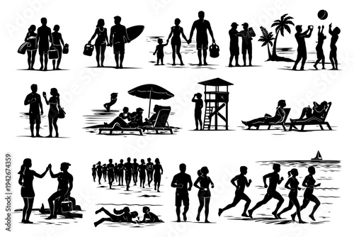 Silhouette beach activities: diverse groups engage in outdoor fun.