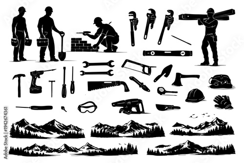 Silhouettes of workers and tools with mountain landscape elements.