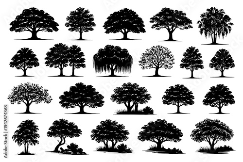 Collection of diverse tree silhouettes in various shapes and sizes.