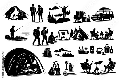 Silhouettes of outdoor camping activities and nature exploration.