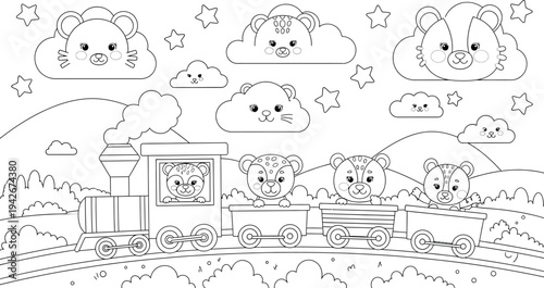 Whimsical train journey under smiling clouds