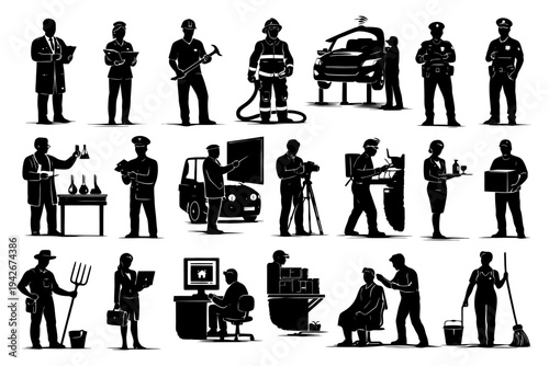 Silhouettes of diverse professional workers in various occupations.