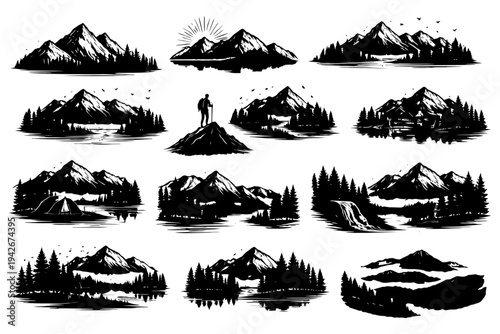Scenic mountain silhouettes with forests and lakes in nature illustrations.
