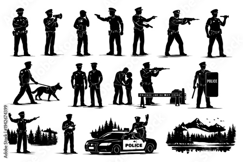 Silhouetted police officers in various stances and scenarios in nature setting.