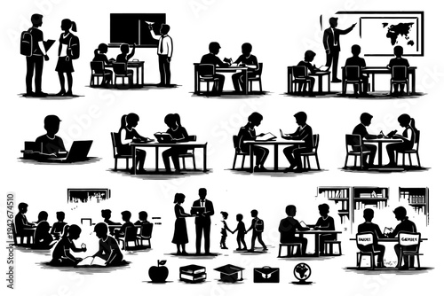 Silhouettes of students learning and educating in classroom settings.