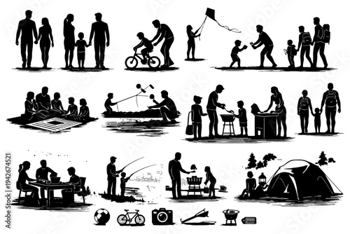 Silhouette of families enjoying outdoor activities.
