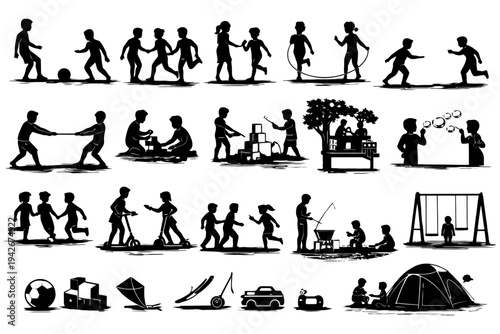 Silhouettes of children playing in various outdoor activities.