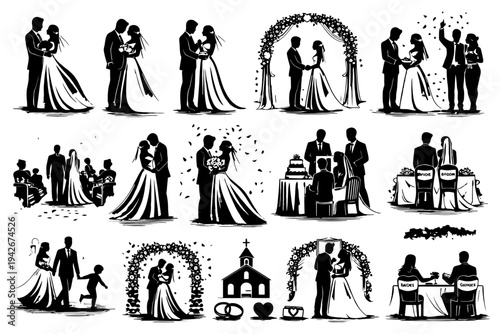 Elegant wedding silhouettes of couples and ceremonies in various romantic scenes.
