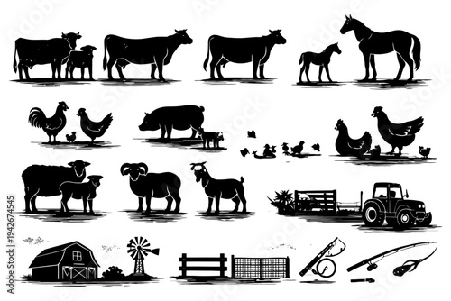 Silhouette farm animals and equipment collection in black and white.