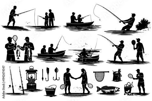 Silhouette fishing scenes: anglers, boats, and equipment highlighting outdoor adventure.