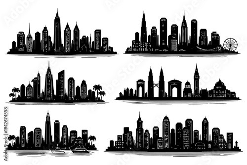 Silhouette city skylines set featuring iconic international landmarks.
