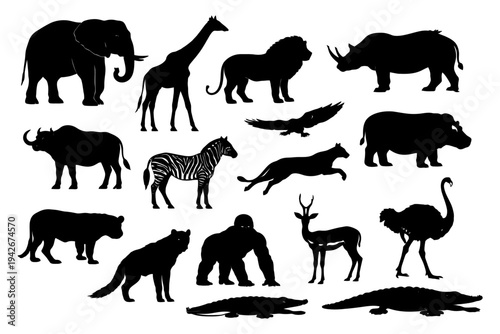 Silhouettes of diverse african wildlife: elephant, giraffe, lion, rhino, and more.