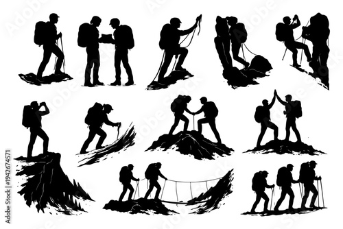 Silhouette of diverse hikers climbing and assisting on mountain trails.